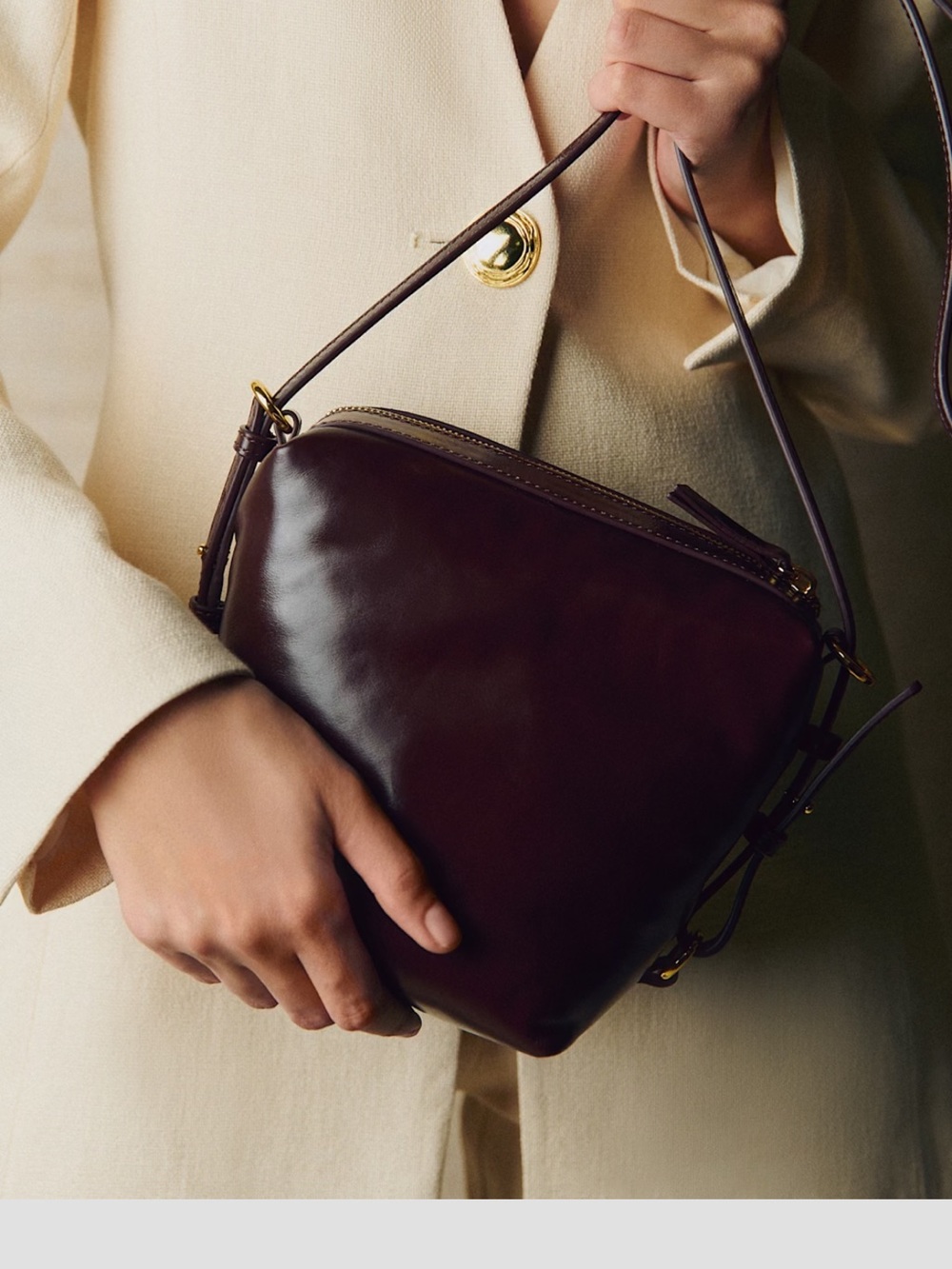 Like New Sézane Classic Leather Crossbody Bag in Deep Burgundy
